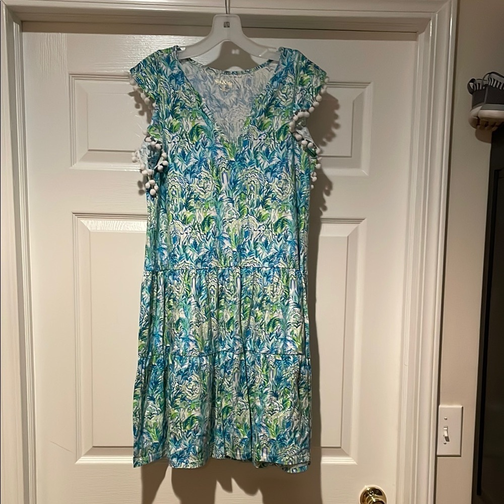Lilly Pulitzer Blue Green Floral Midi Dress with White Pom Trim